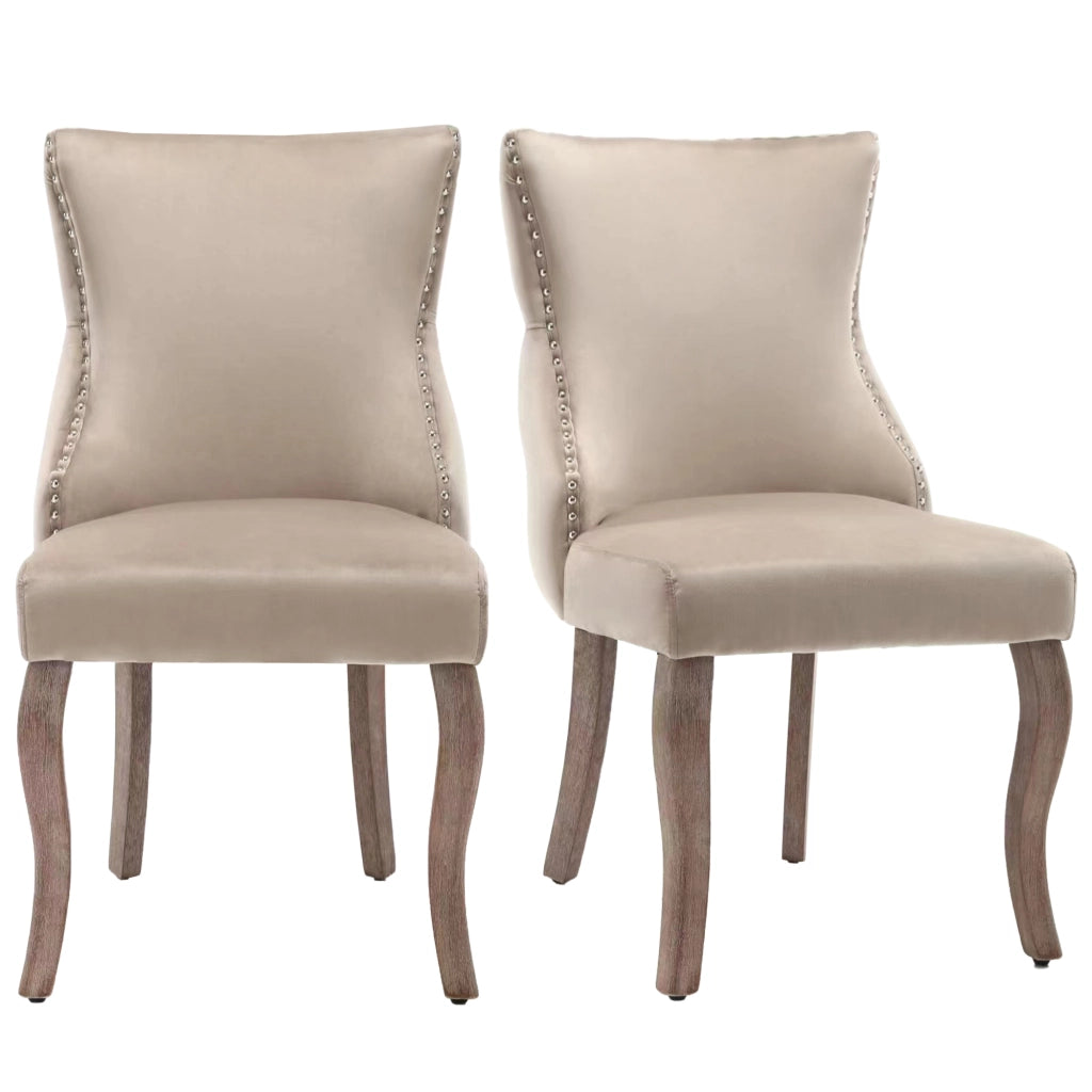 Chaise da pranzo in velluto con schienale capitonné e borchie decorative, gambe in legno massiccio beige