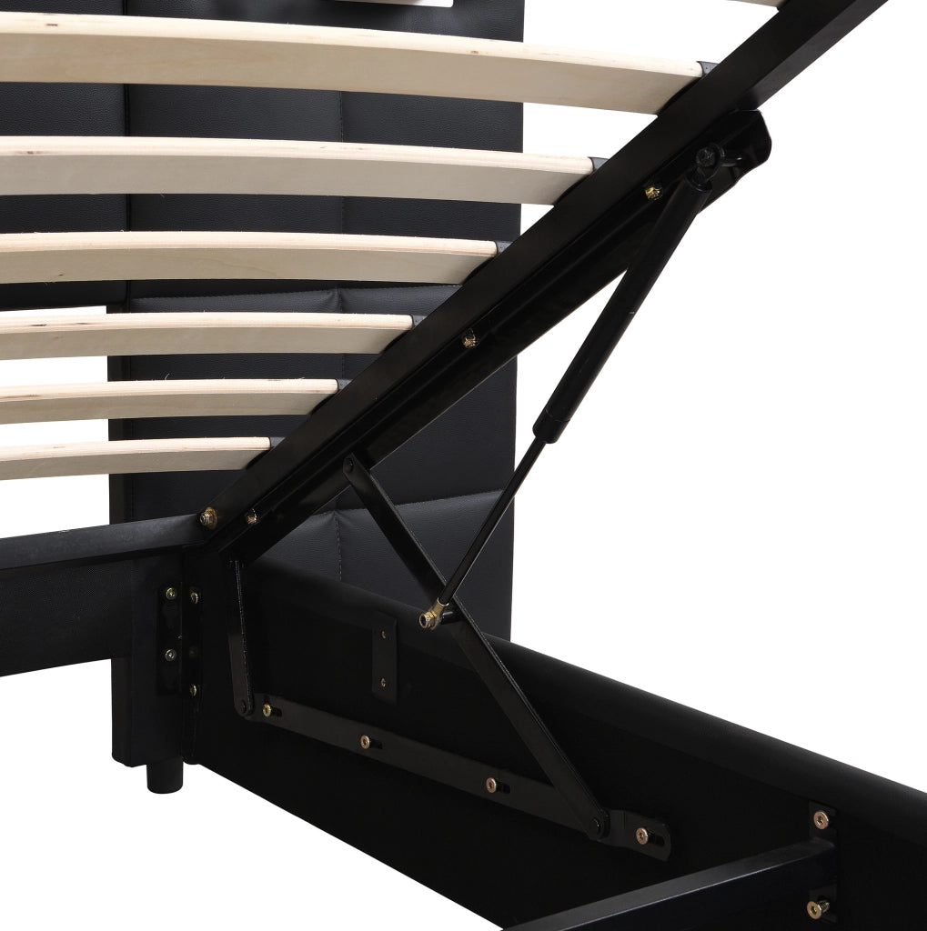 Letto imbottito 180x200 cm con USB; ricarica wireless; luce e contenitore; PU nero