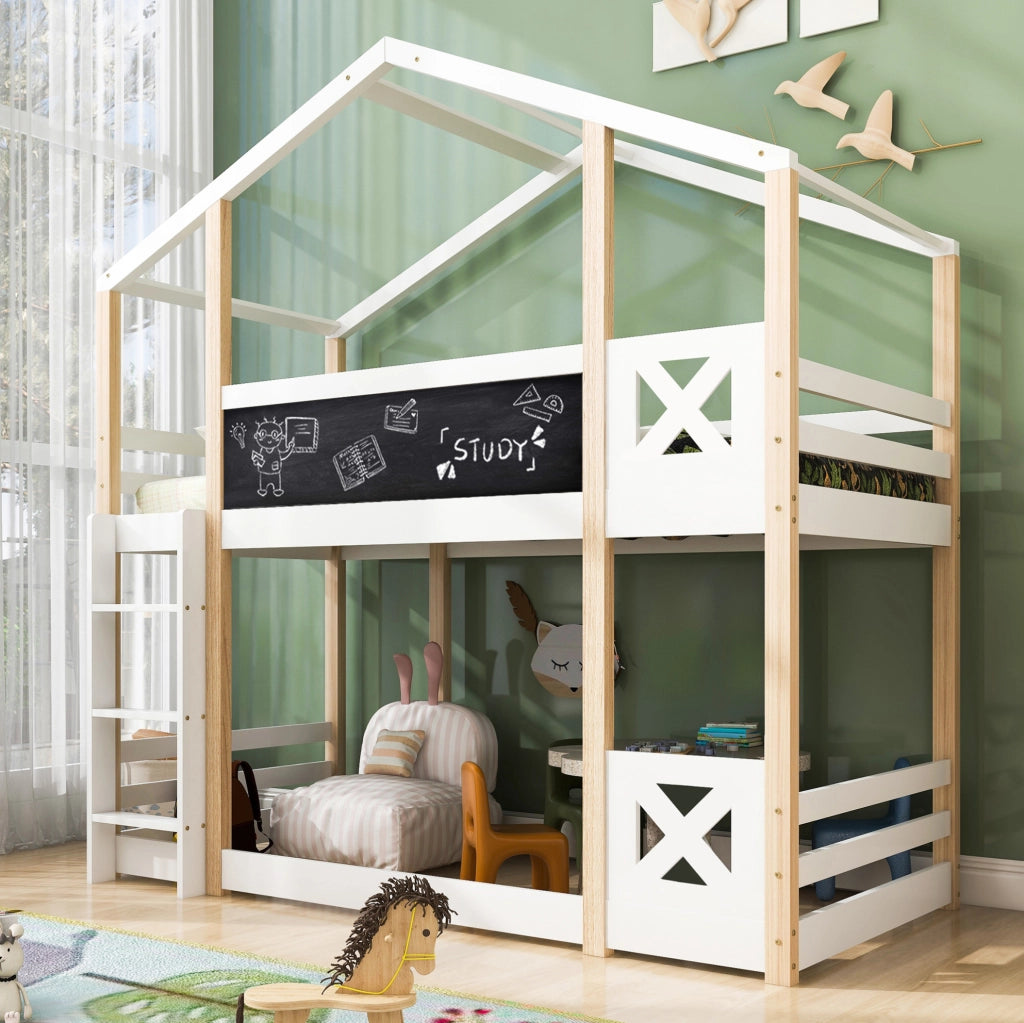 Letto a soppalco per bambini 90x200 cm con scala; lavagna e rete a doghe; bianco