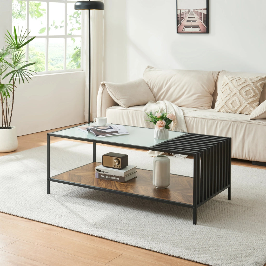 Tavolino Centrale da Salotto Pärghos 120x60x45 cm Nero / Vetro opaco / Effetto Rovere [en.casa]