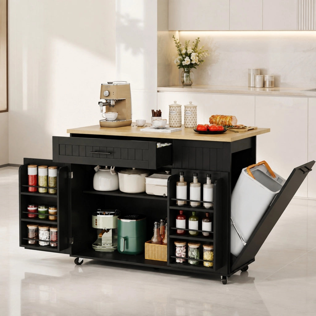 Isola da cucina con piano ribaltabile 130x70x93 cm in MDF nero; carrello con ruote bloccabili