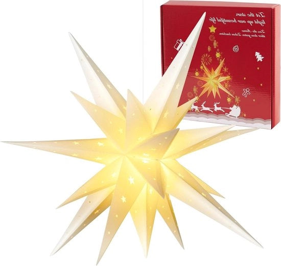 Decorazione esterna di Natale 58 cm stella da appendere illuminata a batterie con timer stella LED a luce 3D - interna ed esterna