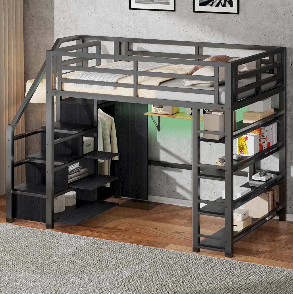 Letto a soppalco 140x200 cm in metallo con armadio e LED