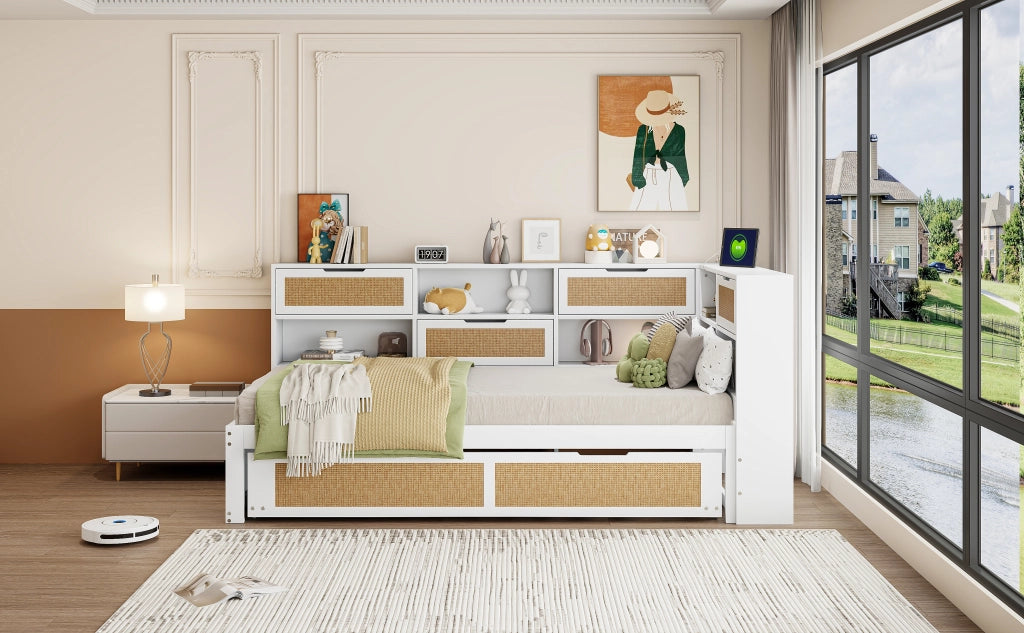 DESMIU Letto estraibile 90 × 200 cm 1 posto con letto 90 × 190 cm, USB e contenitore, senza materasso, bianco