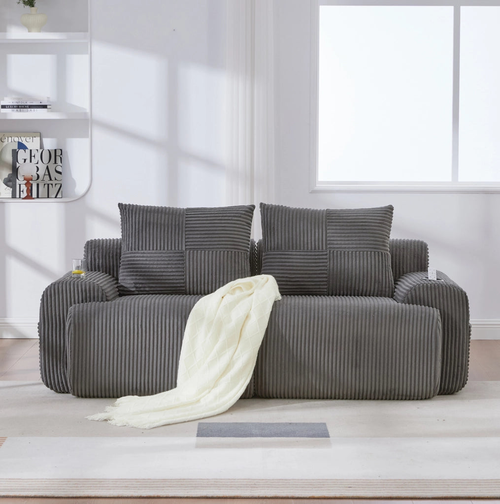 Divano modulare a 2 posti in corduroy grigio scuro; 200x99x80 cm con portabicchiere e tasca laterale