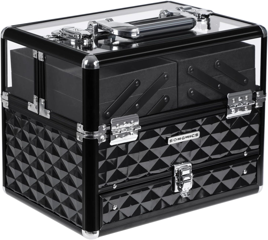 SONGMICS Beauty Case da Viaggio, Valigetta per Trucco, Arte e Unghi,con Coperchio Trasparente, Telaio in Alluminio, Cofanetto Diversi Vassoi per Truccatore, Nero JBC318B