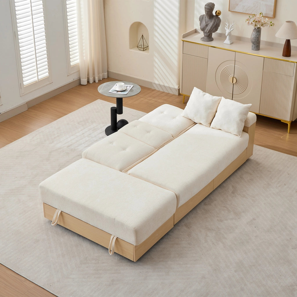 Divano letto in chenille con contenitore, schienale reclinabile a 3 posizioni, 2 cassetti e portabicchieri nascosto, 217 cm, beige