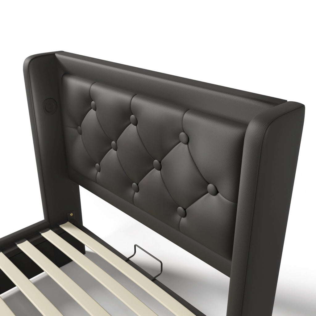 Letto imbottito 90x200 cm nero in PU con contenitore idraulico, LED e USB-C