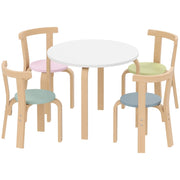 Set di tavolo e sedie per bambini composto da 5 pezzi, in legno massello leggero e colorato.