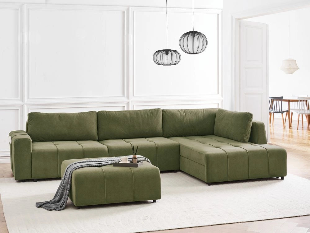 Divano letto a 4 posti ad angolo con rivestimento in tessuto verde a sinistra con contenitore e ottomano spesso imbottito