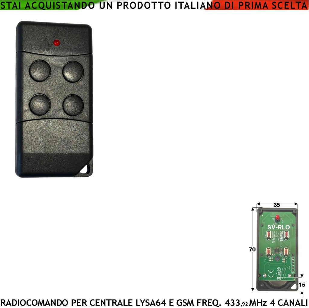 Radiocomando Inserimento e Disinserimento Totale e Parziale Tipo Giorno Notte Per Sistema di Allarme Lysa64 e Lysa GSM Sydra 4 Canali Frequenza 433,92 MHz rolling code Anticollisione Antiannebbiamento