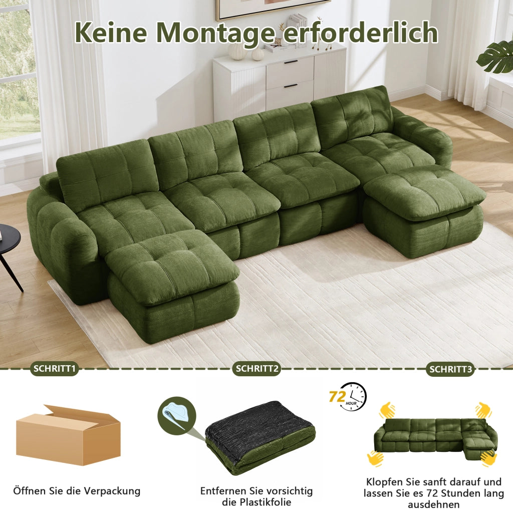 Divano modulare a U 4 posti 334x160 cm con 2 ottomane; sedute profonde; ciniglia verde