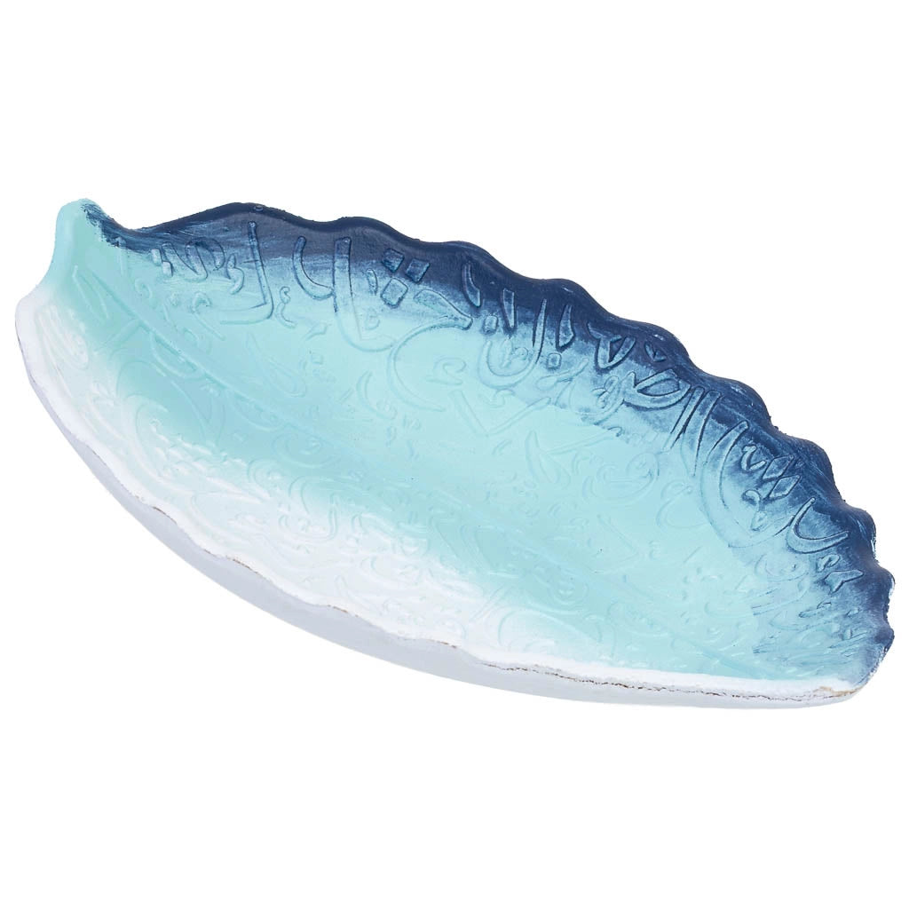 Vassoio decorativo in legno blu con foglia, 25x18x3h cm
