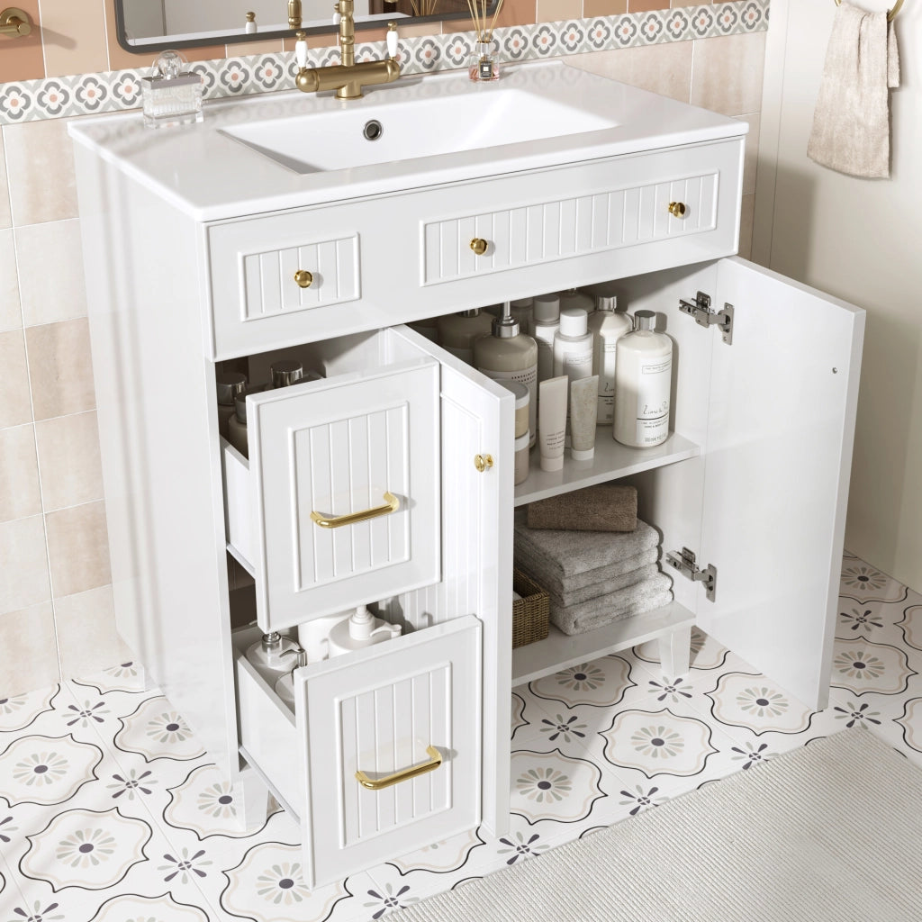 Mobile sotto lavabo con lavabo in ceramica; 1 anta e più cassetti; per bagno; 81.7 cm
