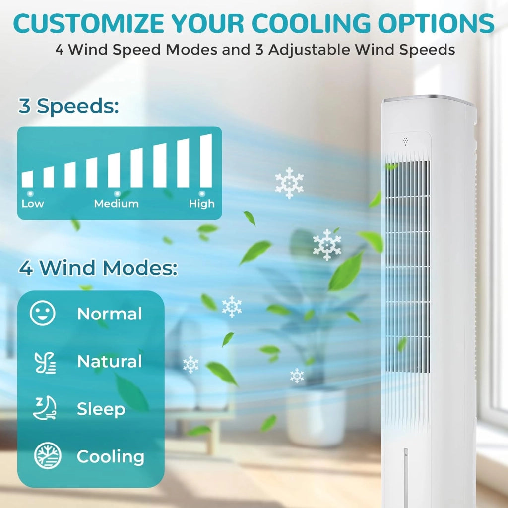 Ventilatore a torre, telecomando, climatizzatore a 3 livelli con raffreddamento ad acqua, oscillazione a 46°, timer 12 ore e modalità sleep, per ufficio/casa, silenzioso, 4 modalità di