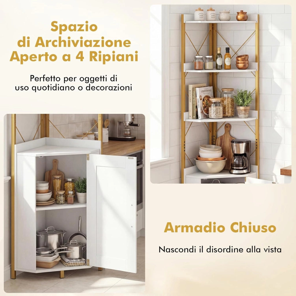 Libreria a 5 Ripiani, Mensola ad Angolo con Spazio di Archiviazione, Armadio ad Angolo con Paraspigoli Anticaduta, Autoportante, con 2 Kit Antiribaltamento, 38 x 38 x 180 cm (Bianco)
