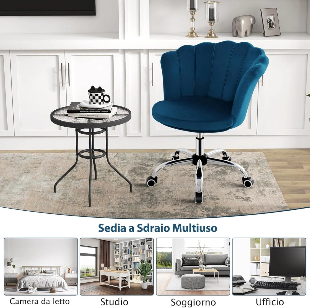 Sedia da Scrivania in Velluto, Poltrona Girevole con Altezza Regolabile, con Schienale a Forma di Petalo e Ruote, per Casa Ufficio, Carico Massimo 150 kg (Blu)