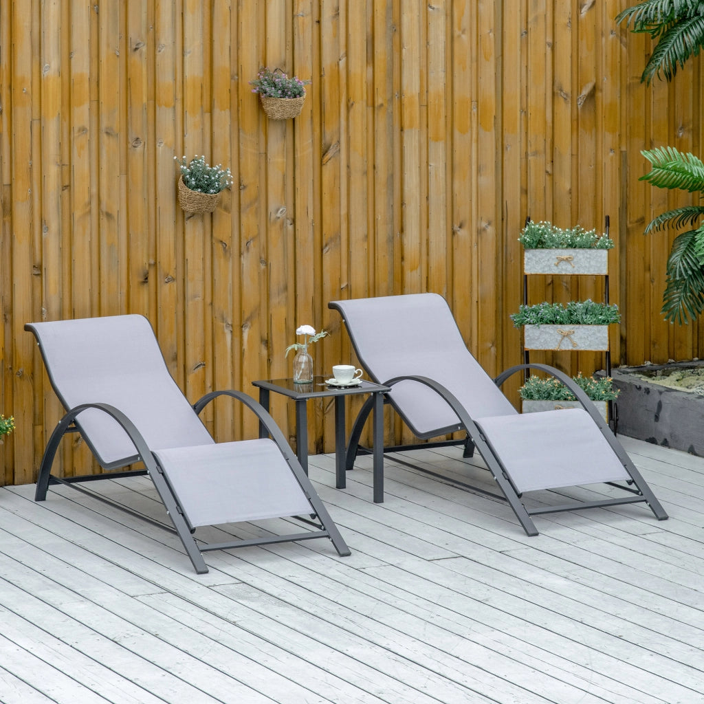 Set di 2 Lettini Prendisole 59x169x66 cm e Tavolino con Piano in Vetro Grigio Chiaro