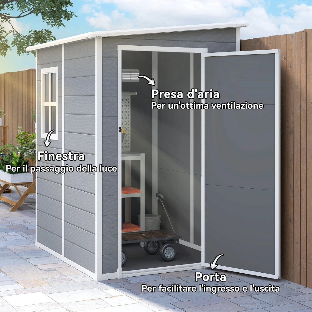 Casetta da Giardino con Finestra e Doppia Porta, in PP e Alluminio, 122x149x192 cm, Grigio