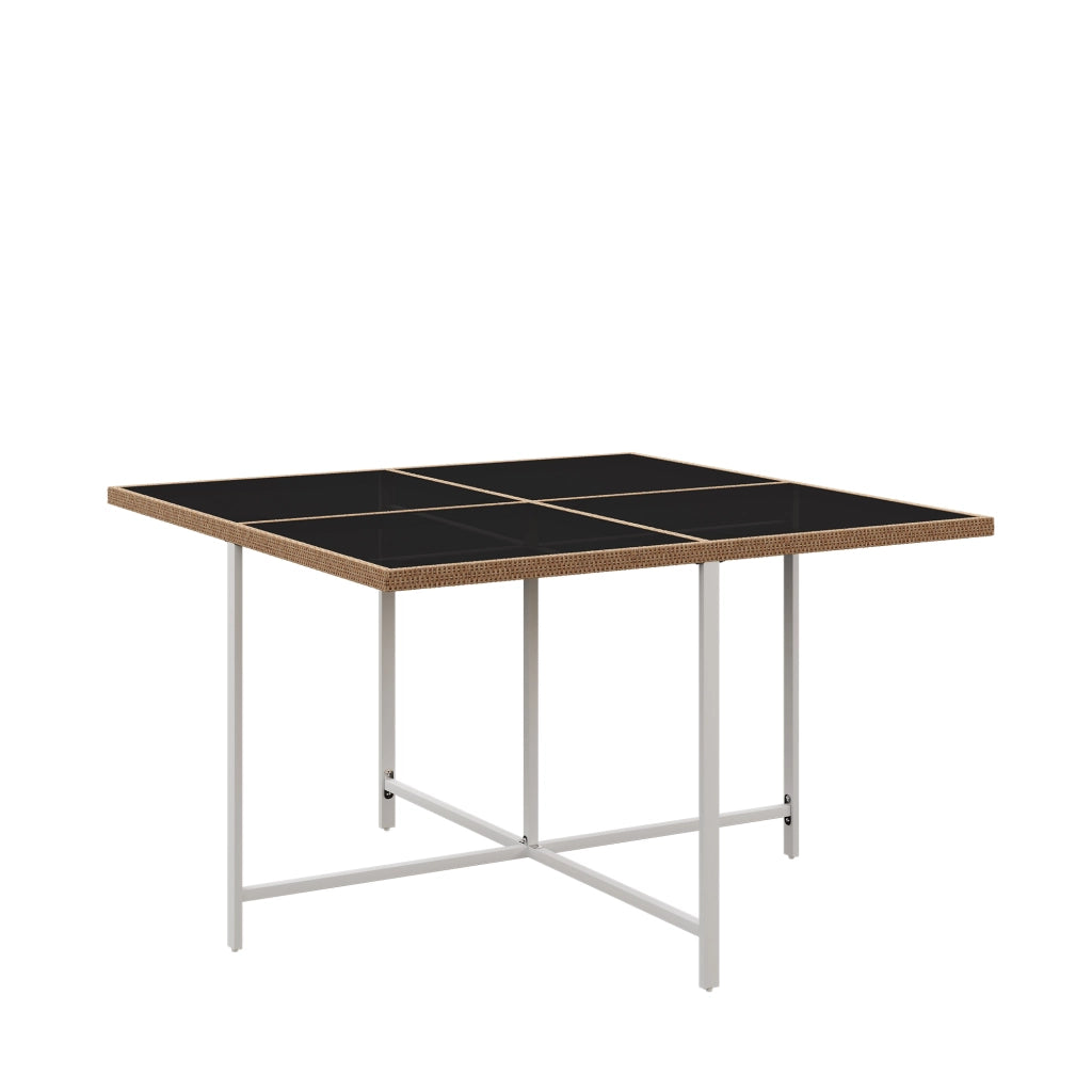 Salotto da Giardino con 1 Tavolo Quadrato; 4 Poltrone e 2 Poggiapiedi; per 6 persone; Legno di Acacia; Rattan e Metallo; Naturale e Bianco