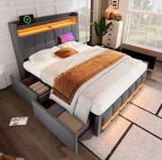 Letto matrimoniale imbottito 160x200 cm con LED, USB, contenitore e 4 cassetti