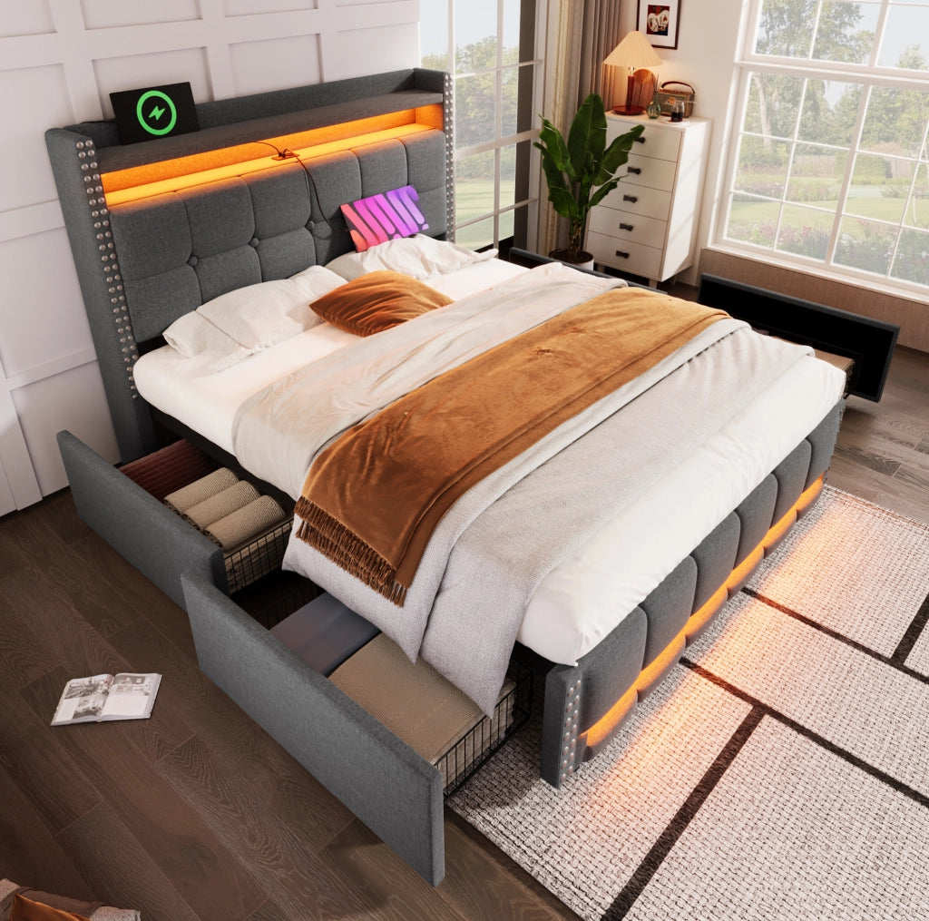 Letto matrimoniale imbottito 160x200 cm con LED, USB, contenitore e 4 cassetti