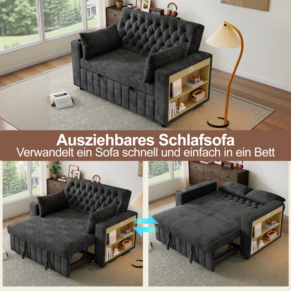 Divano letto a 2 posti - con funzione letto; USB e portabicchieri - in chenille - grigio