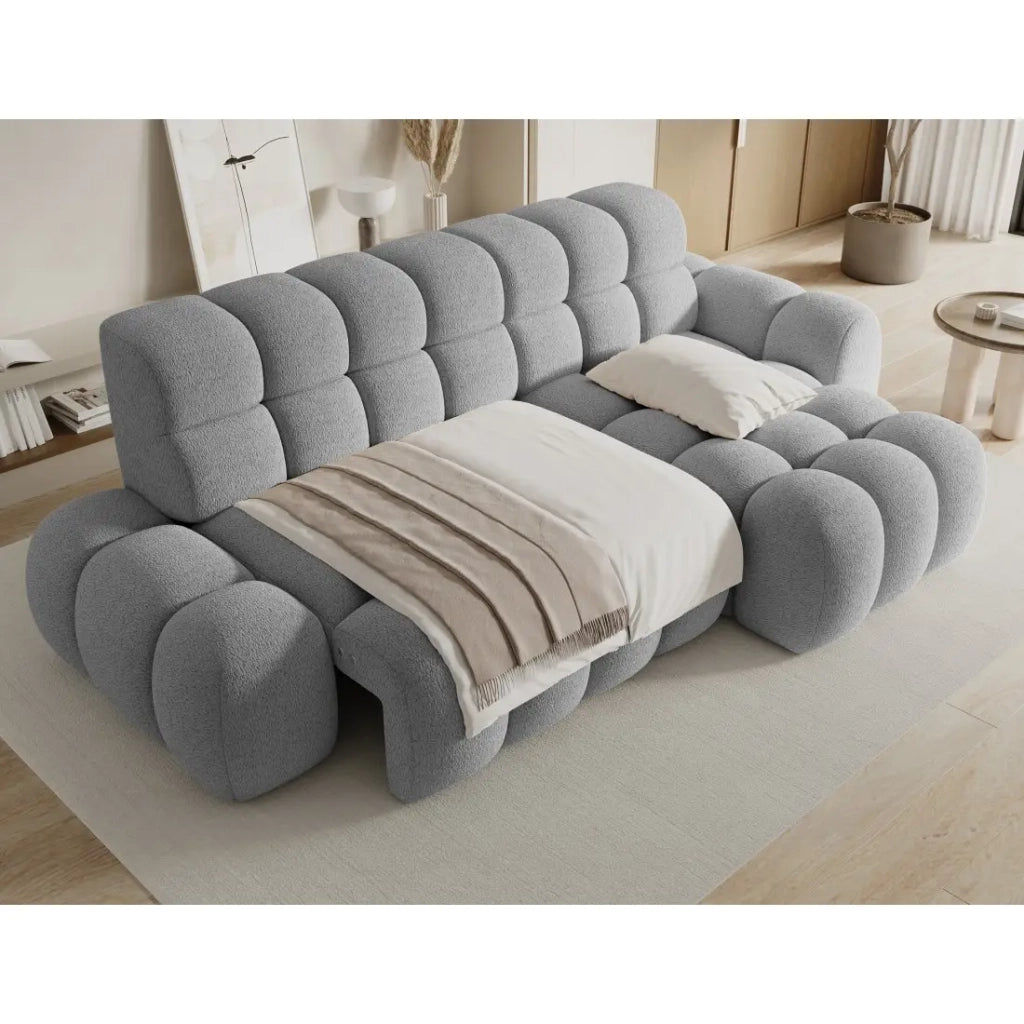 Divano ad angolo trasformabile BULLA 3 posti grigio – tessuto bouclé con estensione del sedile elettrica