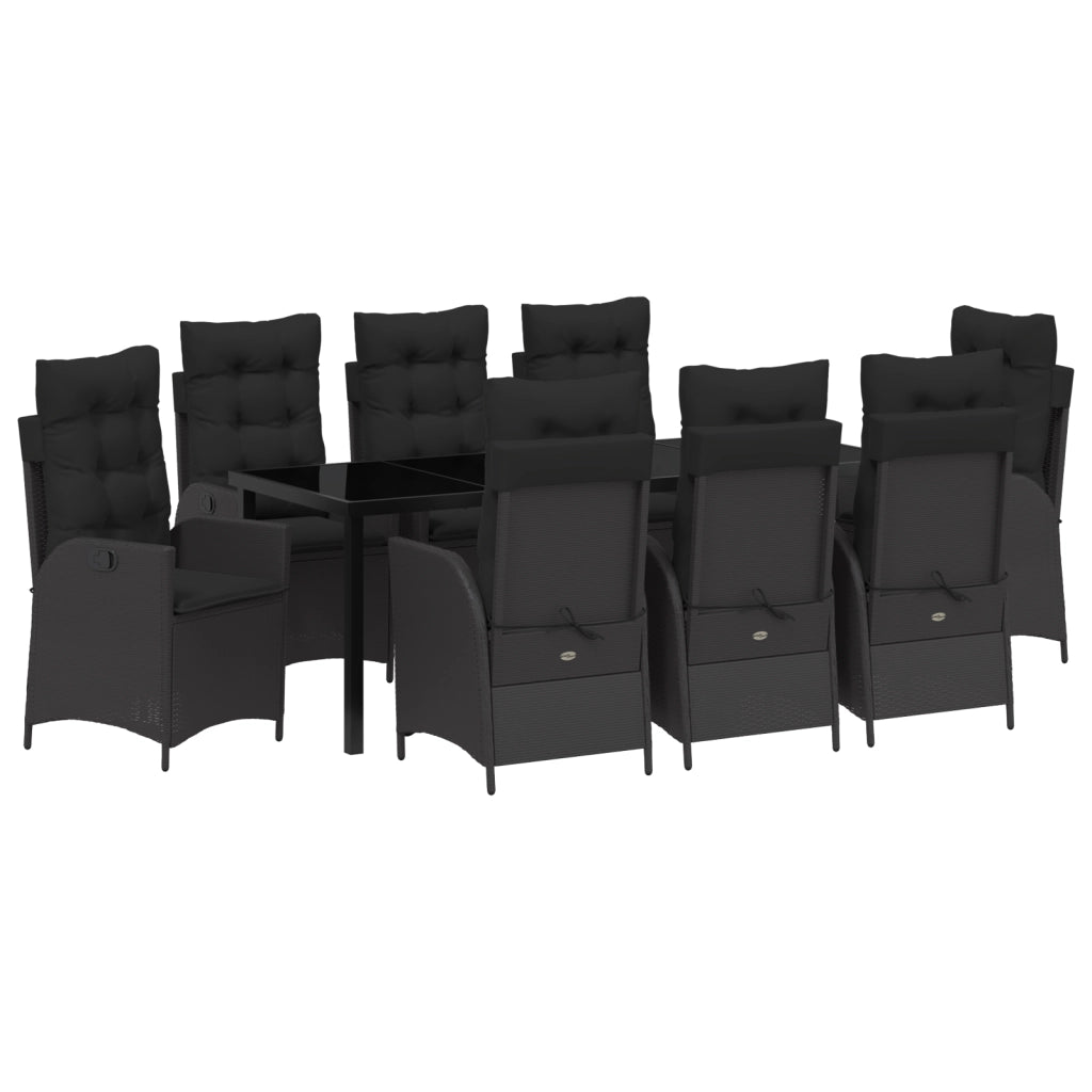 Set da Pranzo da Giardino 9 Pezzi con Cuscini Nero Polyrattan