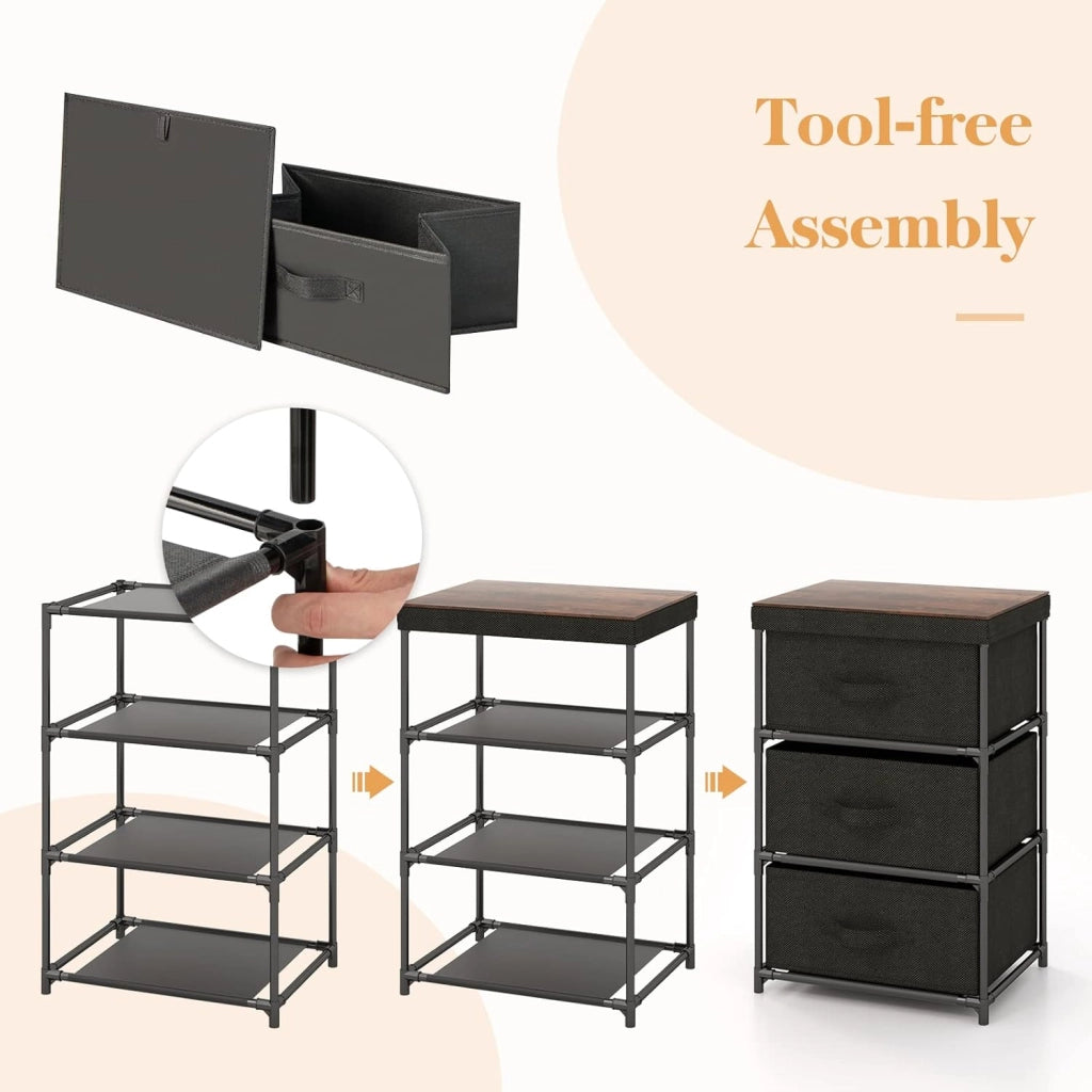 Armadietto a 3 Cassetti, Cassettiera Verticale con Contenitori in Tessuto Pieghevoli e Rimovibili, Comò in Stile Industriale per Camera da Letto, Soggiorno e Ufficio, 3 Colori (Nero)