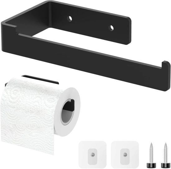 Sostegno per carta igienica in acciaio inossidabile, Sostegno per carta igienica forato o adesivo, per bagno, con 2 ganci adesivi e 2 viti, per cucina e bagno, Design moderno nero matte