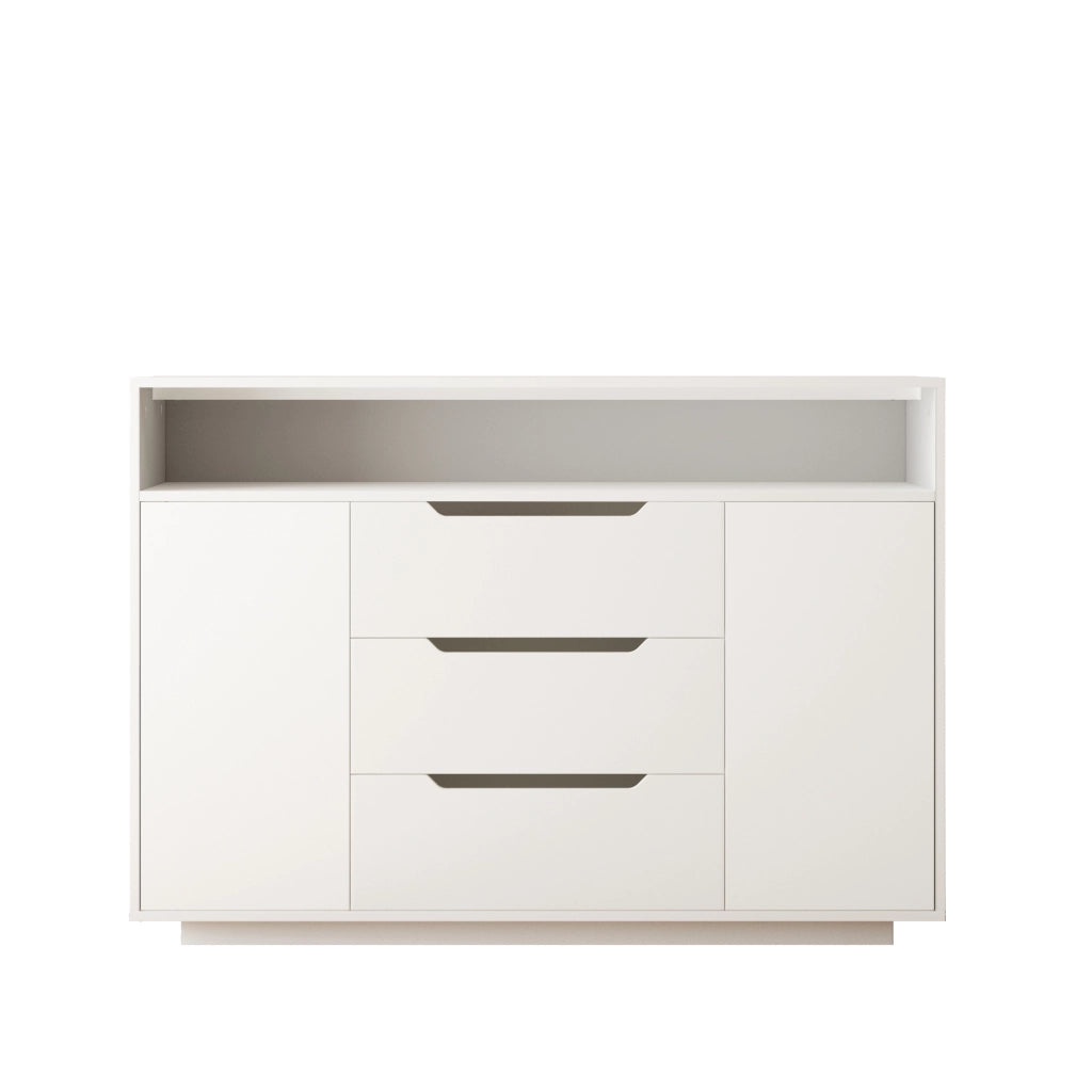 Credenza moderna bianca con ripiani aperti, 3 cassetti e vani con ante, con luce LED integrata