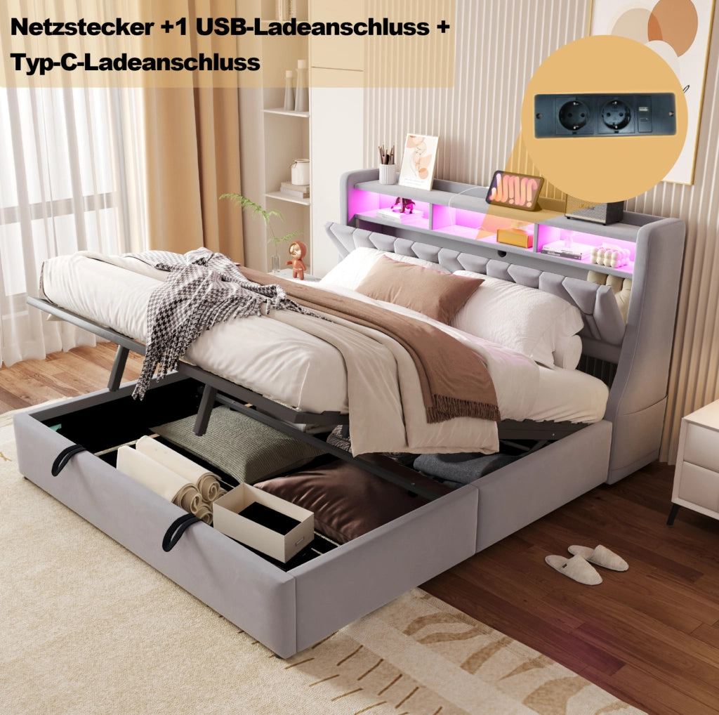 Letto imbottito grigio chiaro 180 x 200 cm con vano idraulico e LED