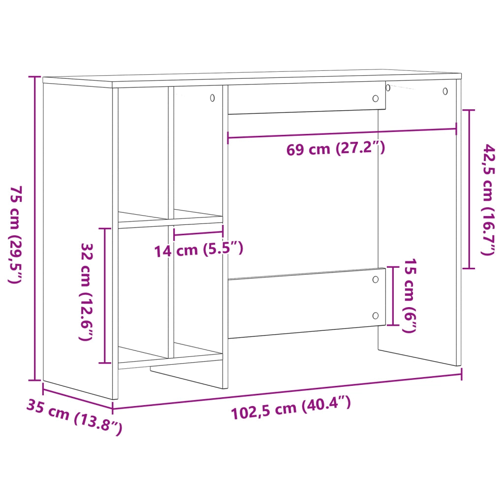 Scrivania  Nera in Rovere 102,5x35x75 cm in Legno Ingegnerizzato