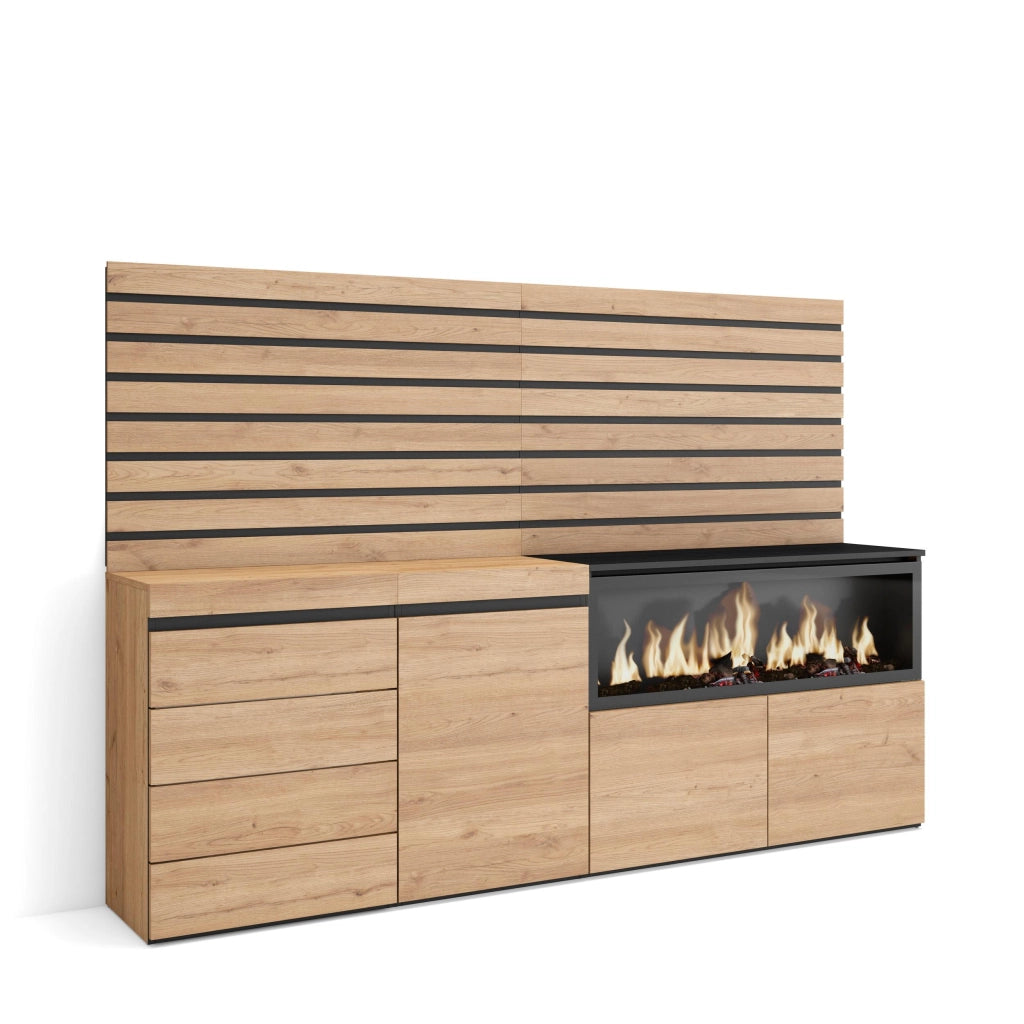 Credenza, 214x35x145cm, Camera da letto, Camino elettrico XXL, Cassettiera, colore Rovere RF3419
