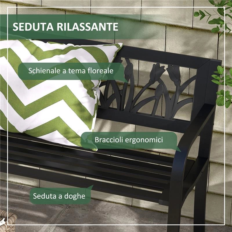 PANCHINA DA GIARDINO A 2 POSTI IN ACCIAIO CON SCHIENALE DECORATO E BRACCIOLI, 125X50X75CM, NERO