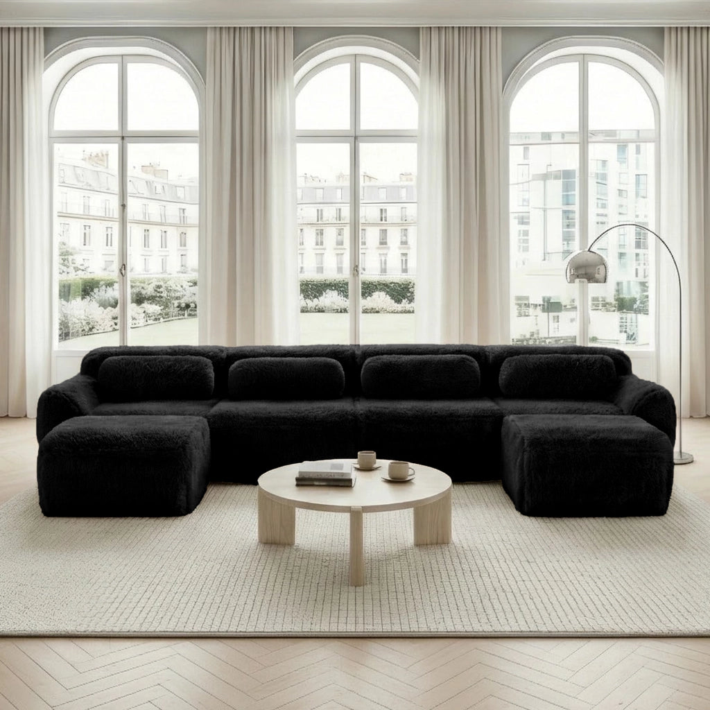 OKWISH Divano Modulare a U, senza Montaggio, Configurazione Libera con Cuscini e Base Antiscivolo, Peluche, Nero