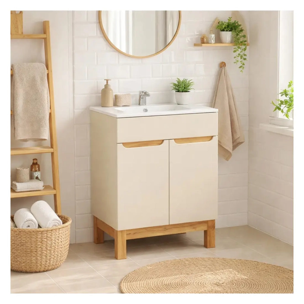 Set da bagno ERMANO cachemire e finitura quercia 60cm: mobile sottolavabo + lavabo incassato bianco