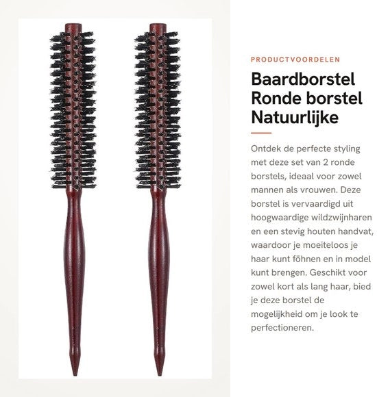 Spazzola per barba - Spazzola rotonda - Spazzola per capelli ondulati naturali - Manico in legno - Antistatico - Adatta per capelli corti e lunghi