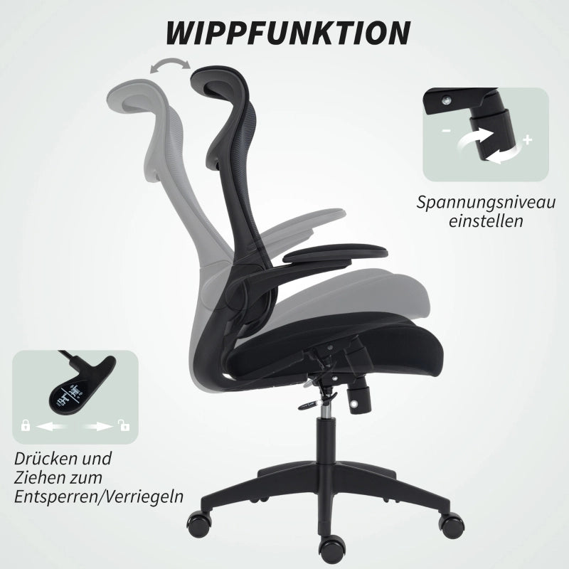 Sedia da ufficio ergonomica con braccioli regolabili, schienale in rete traspirante, poggiatesta e reclinazione nera
