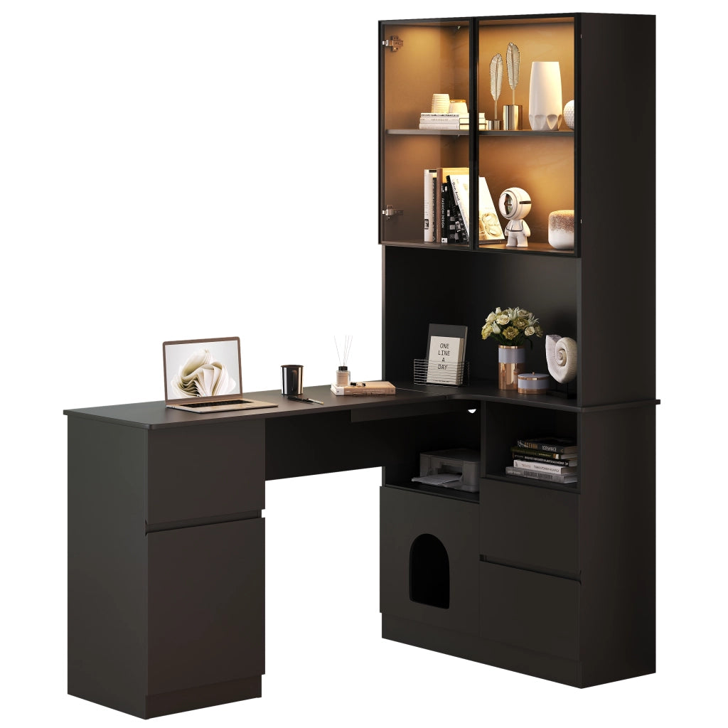 Scrivania Angolare con Libreria, Vetrina LED, Cassetti e Ripiani ¨C MINIMAL ¨C 120x80x180 cm