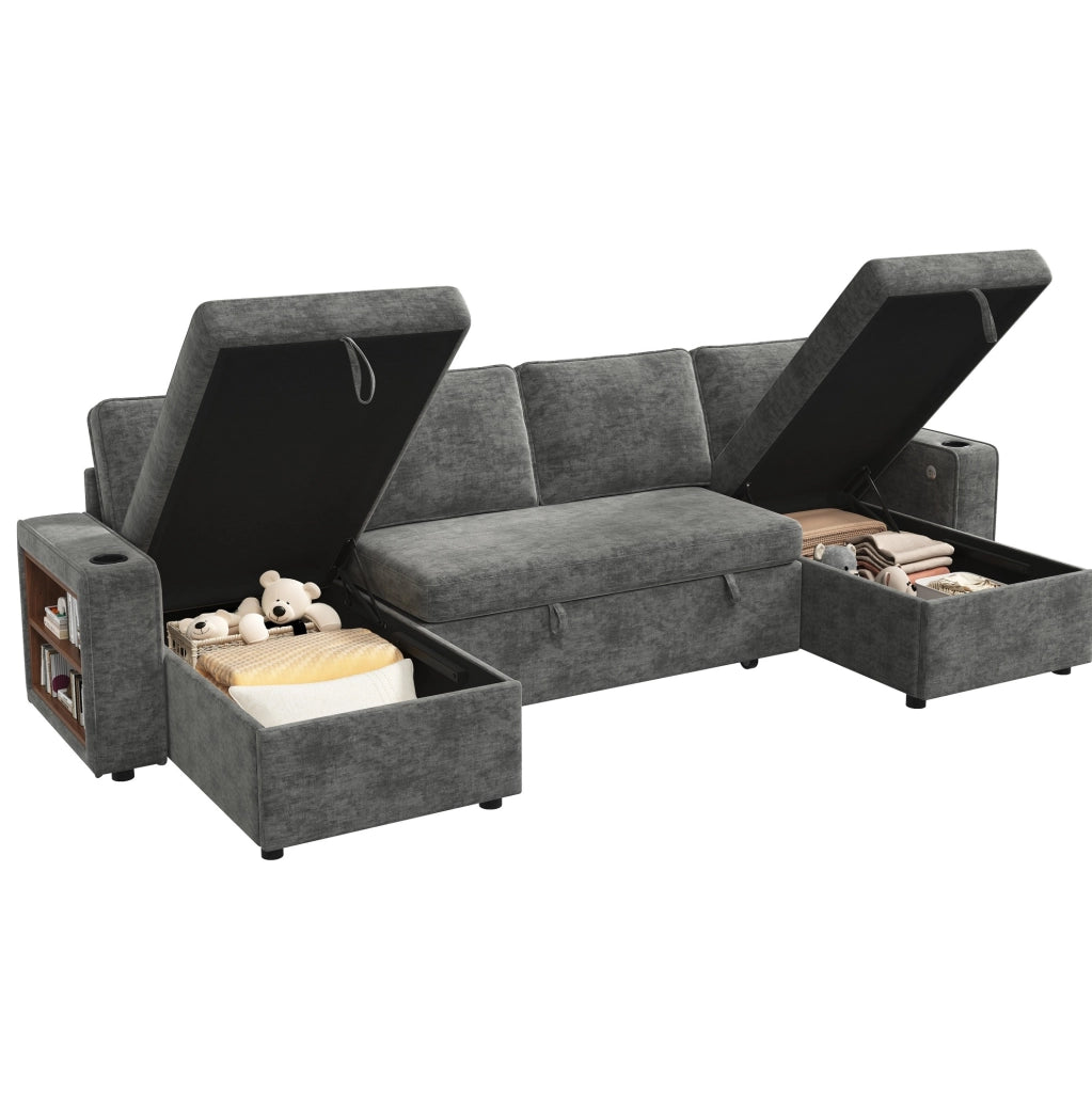 Divano angolare a U trasformabile 270x125x86 cm in chenille grigio con contenitore e USB