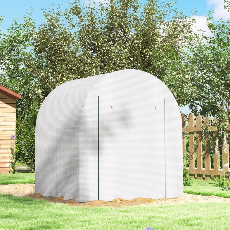 Serra portatile aperta con struttura in acciaio e copertura bianca