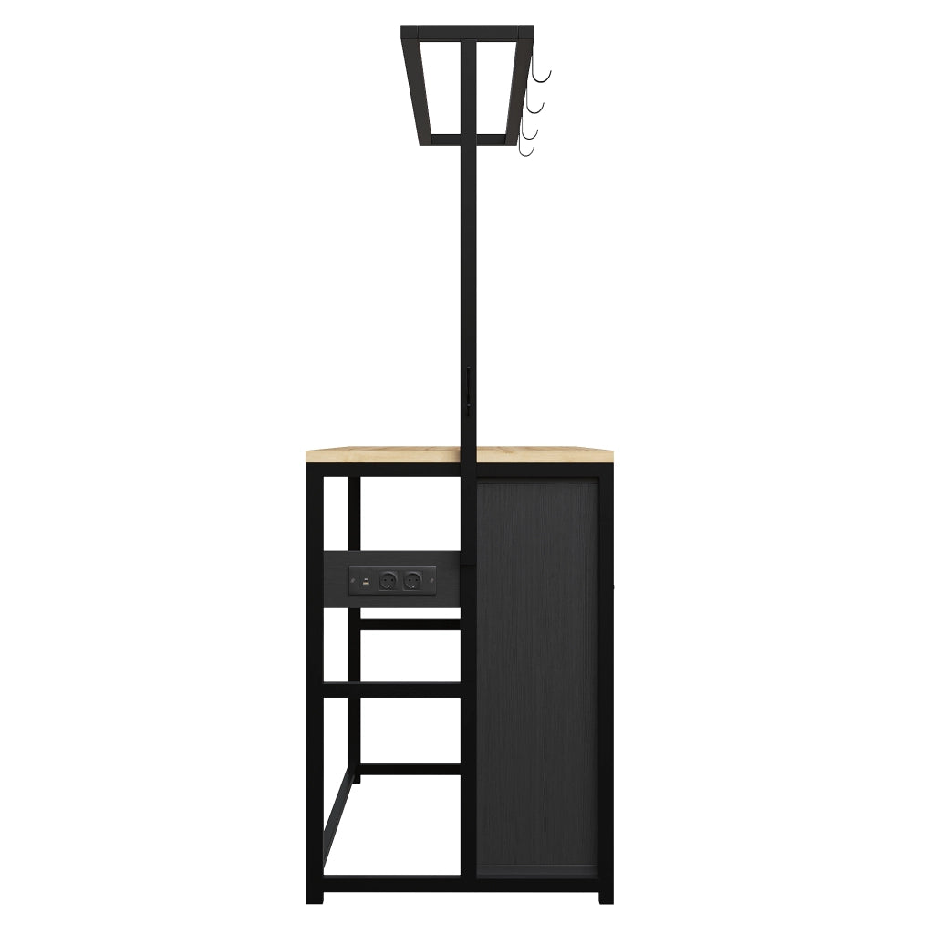 Mobile da cucina, tavolo da bar, con prese di corrente, ganci, finitura effetto legno, nero e color legno naturale