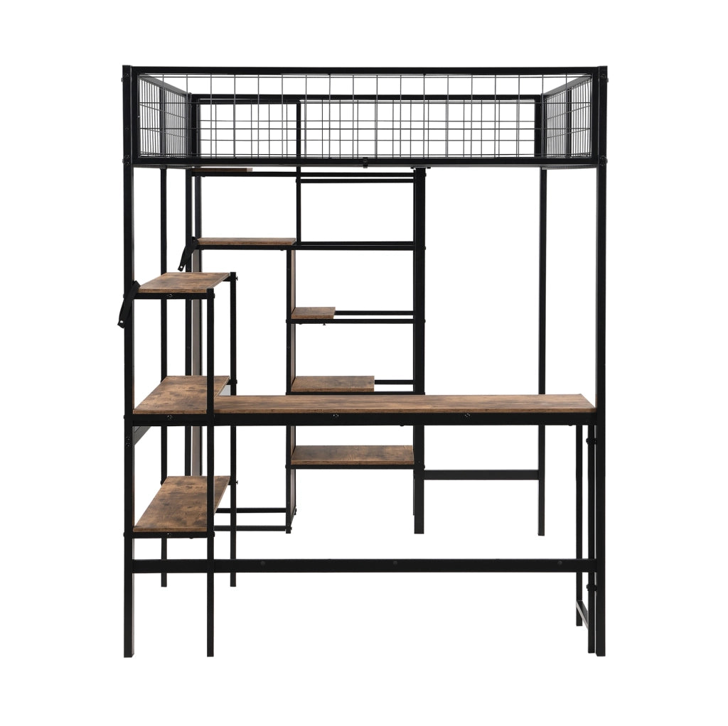 Letto a soppalco ULEVR 140x200 cm con scrivania, ripiani e armadio integrato, MDF e metallo nero e marrone