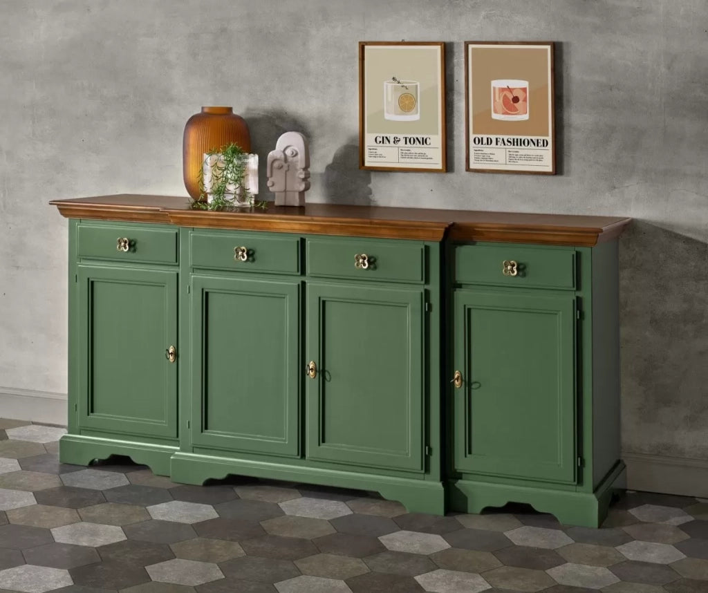 Madia credenza 4 porte 4 cassetti legno shabby verde e noce 200x45x93 - Mobili 2G