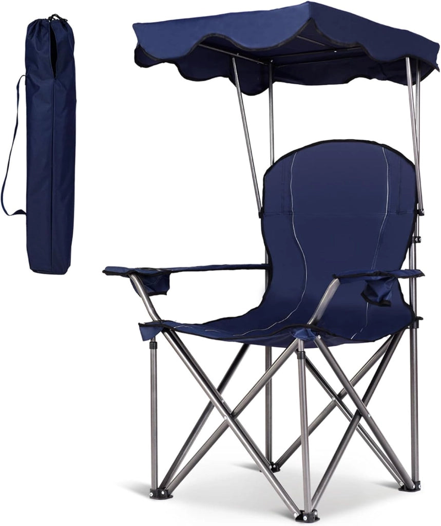 Sedia da Campeggio con Tettuccio, Poltrona da Spiaggia Pieghevole con Portabicchieri, Sedia Mare Leggera e Portatile, con Braccioli, Portata 120 kg (Rosso)
