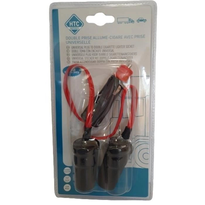 Doppia presa accendisigari 12/24V - HTC EQUIPMENT - Con presa universale 10A e cavo rosso 20cm