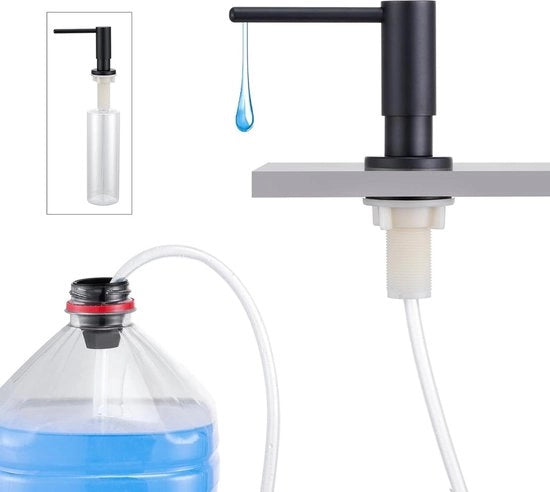 Dispensatore di sapone per lavastoviglie - Inserimento nel piano di lavoro - 500 ml bottiglia - 1 m prolunga - Riemazione superiore - Acciaio inossidabile - Nero