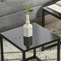 Set 2 Tavolini da Salotto Quadrati  Moderni, in Acciaio e Vetro Temperato, Nero